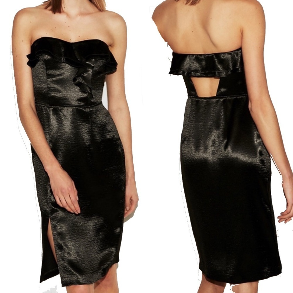 EXPRESS Black Strapless Ruffle Midi Dress with Back Cutout 4 NWT